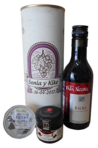 Botella de vino tinto Crianza Pata negra con crema de queso de cabra y mermelada en lata - Pack de 6