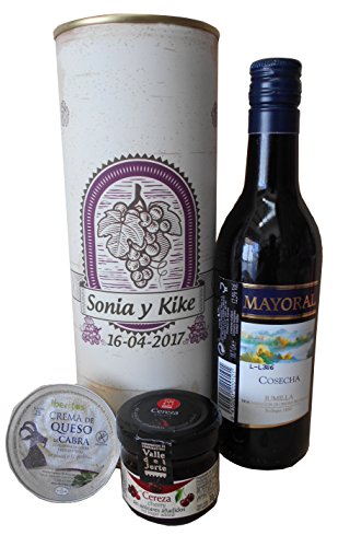 Botella de vino tinto Mayoral con crema de queso de cabra y mermelada en lata - Pack de 6