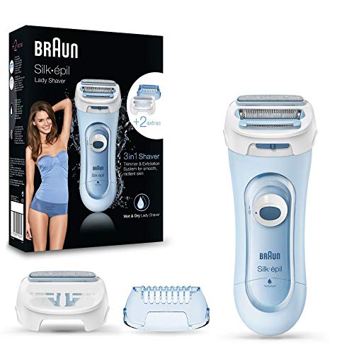 Braun Silk-épil Lady Shaver 5160 - Afeitadora eléctrica femenina, uso en seco o húmedo, sin cable, con 3 accesorios (incluido accesorio de recortadora), azul