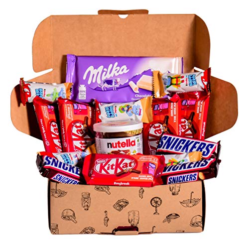 Caja regalo de bombones y chocolates - Nutella, Happy HIppo, Kit Kat, Milka, Snickers. Regalo original para cumpleaños, navidad y San Valentín