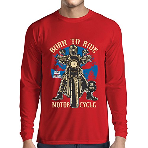 Camiseta de Manga Larga para Hombre Live Young - Die Free - Nacido para Montar en Moto, Ideas de Regalos para Ciclistas, Lemas inspiradores (Large Rojo Multicolor)