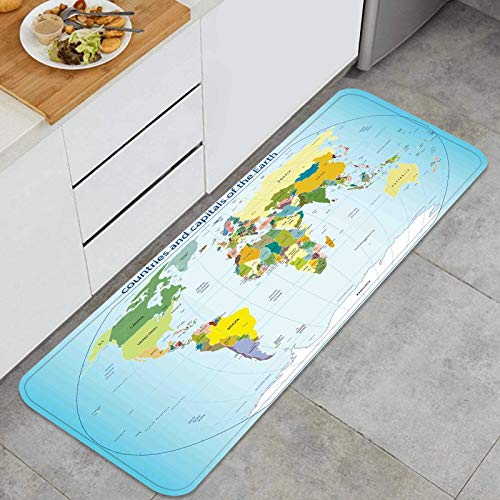 Cocina antideslizante Alfombras de pie Mapa mundial con países y capitales Tierra con océanos Lagos Arte gráfico Decoración de piso confortables para el hogar, fregadero, lavandería-120cm x 45cm