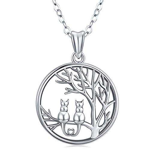 Collar de plata esterlina para gatos: colgante lindo de gato en el árbol, colgante redondo, colgante de gato de cadena de 18"Joyas para mujeres, joyas de árbol y gato Regalo con caja de joyería fina