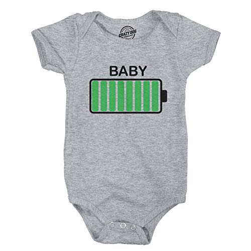 Crazy Dog Tshirts - Baby Battery Fully Charged Funny Newborn Infant Creeper Bodysuit For Newborn (Heather Grey) - 6 Months - Mameluco para Bebé