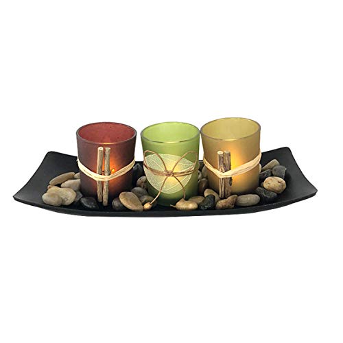 DaMohony Juego de portavelas de cristal con bandeja, piedras ornamentales para comedor, mesa de café, decoración
