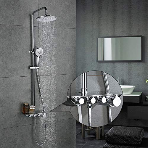 DESFAU Columna de Ducha Conjunto de Ducha con Estante Altura de Barra Ajustable 850-1300 MM Ducha de Lluvia 3 Tipos Ducha de Mano Ducha Redonda con Grifo para Bañera DESFAU Columna de Ducha Conjunto de Ducha con Estante Altura de Barra Ajustable 850-1300 MM Ducha de Lluvia 3 Tipos Ducha de Mano Ducha Redonda con Grifo para Bañera