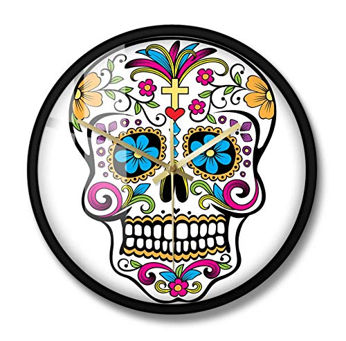 DFERT Reloj De Pared Reloj De Pared Cráneo Floral Reloj De Pared Moderno Candy Sugar Skull Decoración De Pared De Halloween-Marco De Metal