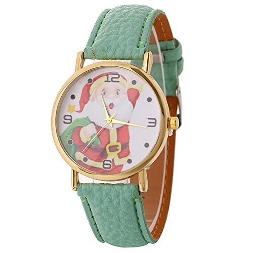 Dosige Reloj de Navidad Papá Noel Pulsera del Reloj Cuero Reloj de Cuarzo de Pulsera Accesorios de Moda（Verde Claro）
