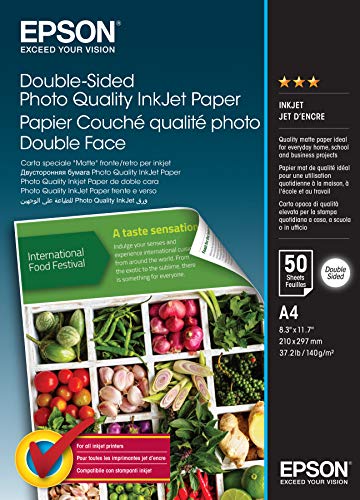Epson Double-Sided Photo Quality Inkjet Paper - A4-50 Sheets - Papel (A4 (210x297 mm), Impresión por inyección de tinta, Mate, 50 hojas)