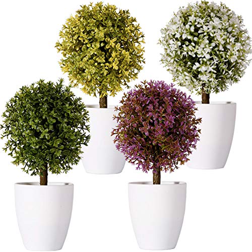 FagusHome 20cm Alto Plantas Artificiales en Maceta 4 Piezas árbol en Forma de Bola en Maceta boj Artificial plástico para decoración (A)