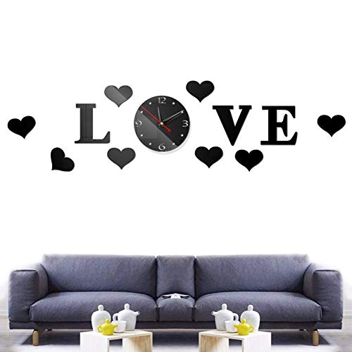 FANDE Reloj de Pared Love Love, Reloj de Pared con Espejo Acrílico Sin Marco 3D, Reloj de Pared Decorativo Silencioso Creativo DIY, Decoración de Oficina de Estudio en Casa