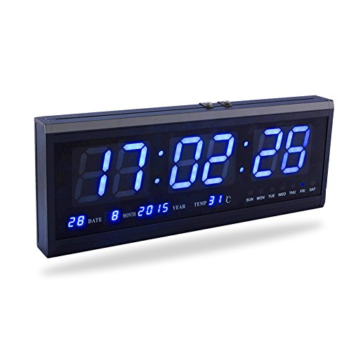 Fdit LED Reloj Digital Grande con Tiempo Calendario Fecha y Temperatura Indicación Reloj de Escritorio para Hogar Oficina Restaurante Aeropuerto Banco Azul