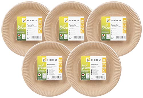 HEKU 30963: 100 platos de papel bio be Green redondos, 23 cm de diámetro, fibra fresca, certificado FSC,