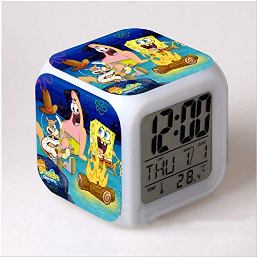 HHIAK666 Reloj Despertador Bob Esponja De Dibujos Animados, Reloj Despertador con Cambio De Color De Colores, Reloj Despertador con Luz De Noche De Regalo 8Cm D