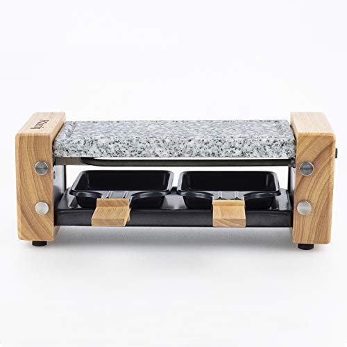 H.KOENIG Raclette 2 Personas, Plancha De Piedra Natural, 350 W, Acero Inoxidable, Madera, 2 Sartenes Antiadherentes, WOD2