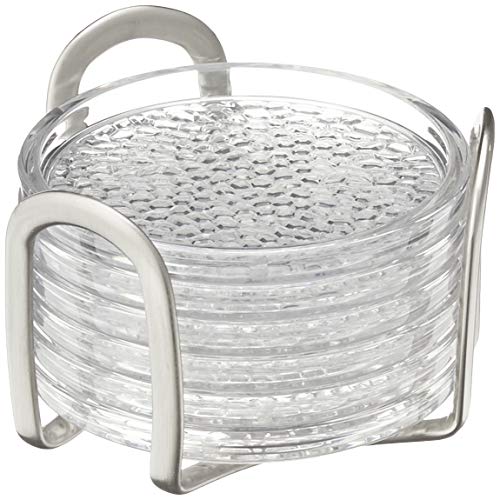 iDesign Portavasos protectores para mesas, práctico conjunto de posavasos con soporte en plástico y acero, juego de 6 posavasos, transparente y plateado iDesign Portavasos protectores para mesas, práctico conjunto de posavasos con soporte en plástico y acero, juego de 6 posavasos, transparente y plateado