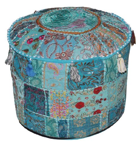 Indian Pouf Stool Vintage Patchwork Embellished With Patchwork Living Room Ottoman Cover, 46 X 33 Cm by Marubhumi