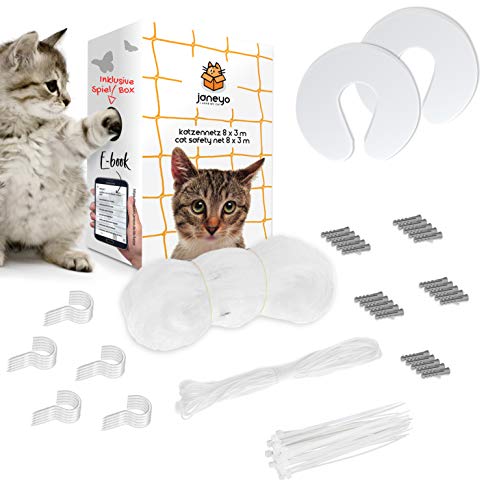 JANEYO - Red para gatos de 8 x 3 m para balcón y ventana, incluye material de fijación – Red de protección transparente para gatos con libro electrónico – Rejilla para gatos, protección de ventana. JANEYO - Red para gatos de 8 x 3 m para balcón y ventana, incluye material de fijación – Red de protección transparente para gatos con libro electrónico – Rejilla para gatos, protección de ventana.