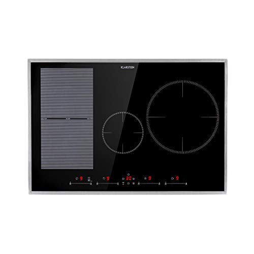 Klarstein Delicatessa Hybrid Prime – Placa de inducción, encastrable, 4 zonas, 7000 W, marco de acero inoxidable, 9 niveles, zona flexible, Stop & Go, ThermalRecall, 77 cm, negro