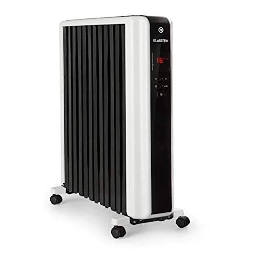 KLARSTEIN Thermaxx 2500 radiador de Aceite - Radiador eléctrico, 2500 W de Potencia, 5-35 °C, Forma Especial, Pantalla LED, Programable 24 h, Muy Ligero, Portátil, Ruedecillas, Blanco