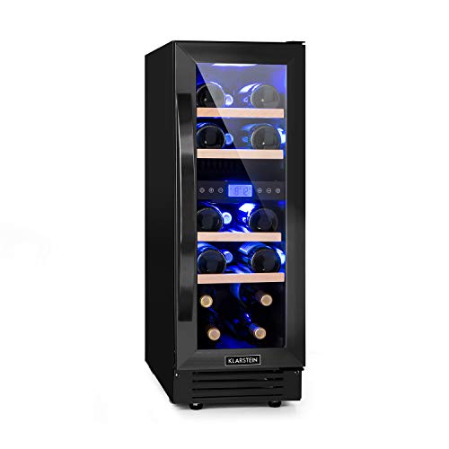 Klarstein Vinovilla Onyx 17 nevera para vinos con puerta acristalada - 53 litros, 17 botellas de vino, 30 cm de ancho, iluminación interior, 4 baldas, 2 zonas de frío, antivibración, táctil, negro