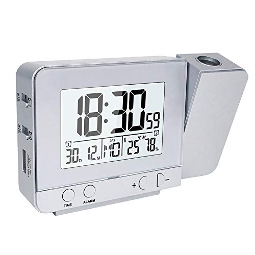 Konesky Reloj de proyección Digital, atenuador Reloj Despertador Hora Reloj Protector de Temperatura con función de repetición Reloj de Humedad Batería USB (Dimmer S)