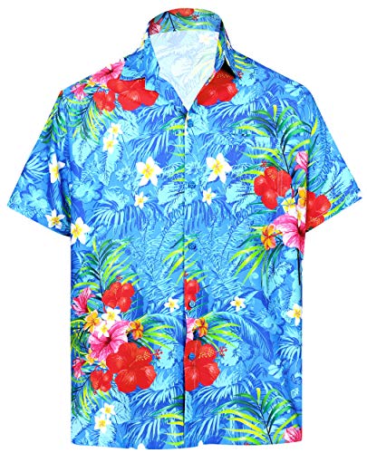 LA LEELA Casual Hawaiana Camisa para Hombre Señores Manga Corta Bolsillo Delantero Vacaciones Verano Hawaiian Shirt L-(in cms):111-121 Azul_6034