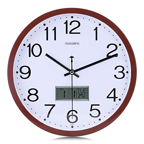 Lafocuse Reloj de Pared Silencioso Marrón Calendario LCD Reloj Cuarzo Modernos para Oficina Dormitorio Sala 30 cm