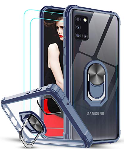 LeYi Funda Samsung Galaxy A31 con [2-Unidades] Cristal Vidrio Templado,Transparente Carcasa con 360 Grados iman Soporte Silicona Bumper Antigolpes Armor Case para Movil A31,Clear Azul