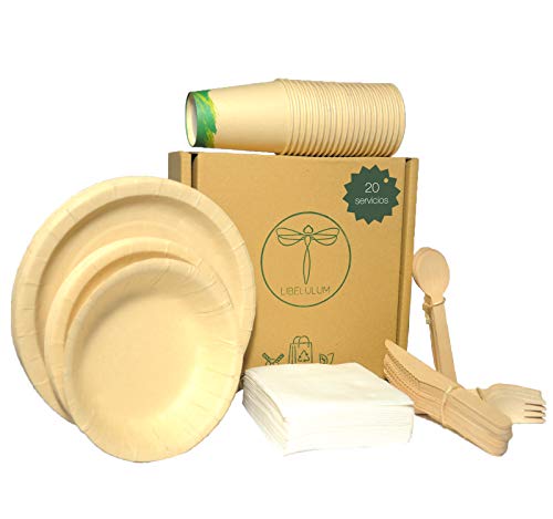 LIBELULUM Pack Vajilla Desechable Biodegradable de 20 servicios. Incluye vasos y platos de bambu, cubiertos de madera, 2 cuencos y servilletas.