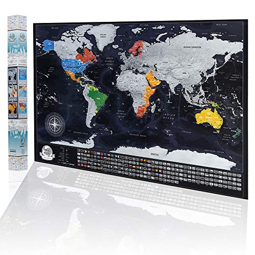 Mapa de viaje rayable con banderas, ciudades y capitales más grandes, tamaño XXL 84 x 57 cm, diseño de superficie de color original – Póster de mapa del mundo para rascar, fabricado en la EU