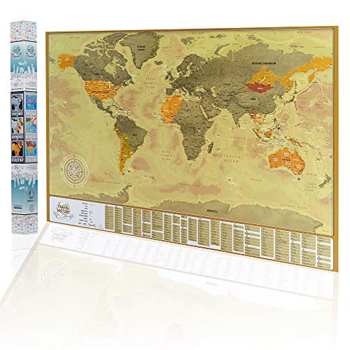 Mapa personal detallado para viajeros – Mapa del mundo rascado, XXL grande (84x57cm) Mapa del mundo con picos de montaña, profundidades de océanos y capitales Coutries, Regalo personal para viajeros