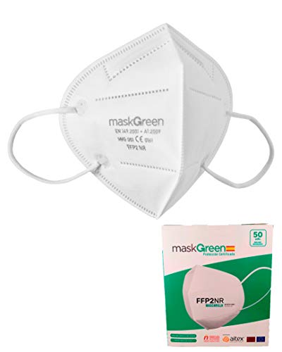 MaskGreen - Mascarilla FFP2 Homologada - Caja 50 Mascarillas de protección CE - Precio ud: 0,97€. Fabricadas en España. Normativa UNE-EN 149:2001 + A1:2009.