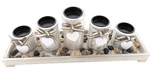 MC Trend - 5 portavelas en bandeja de madera con piedras decorativas, decoración de mesa de estilo rústico, portavelas vintage MC Trend - 5 portavelas en bandeja de madera con piedras decorativas, decoración de mesa de estilo rústico, portavelas vintage