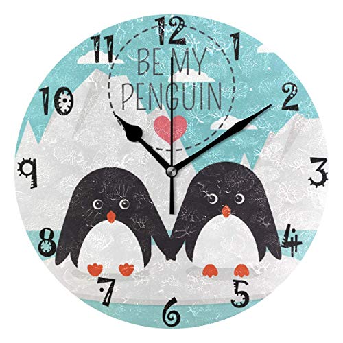 Mesllings Art Ice Love - Reloj de pared circular con forma de pingüino, diseño de corazón de pingüino