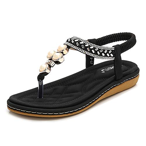 Minetom 2019 Sandalias Mujer Chanclas del Verano Cómodos Zapatos Bohemias Sandalias Planas Rhinestone Flores Clip Toe Playa Zapatillas D Negro 39 EU