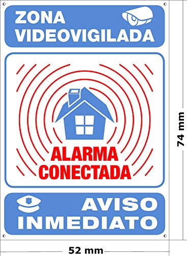 Mini-cartel Alarma Conectada | Disuasorio Para Interior/exterior Metálico y Ultra-resistente | Placa Aviso a Policía, 7x5 cm | Zona Vigilada y tamaño Mini