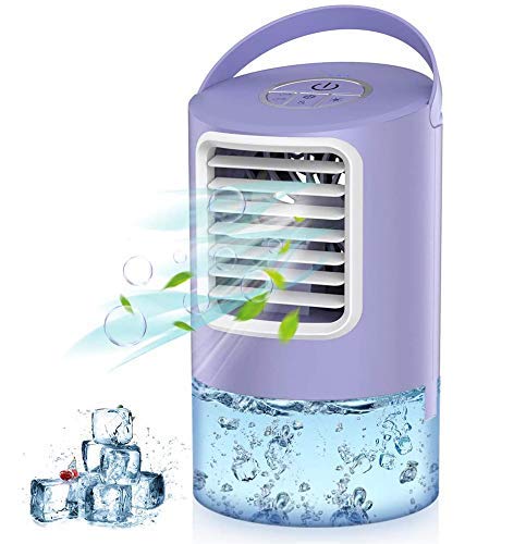 Mini Enfriador de Aire, Mini Acondicionador de Aire Móvil, 4 en 1 Climatizadores Evaporativos con Función de Humidificación, 2 Temporizadores/3 Niveles de Potencia/7 Colores Luz, Perfecto Regalo