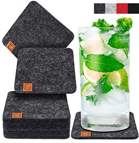 MIQIO <p Diseño Posavasos de Vidrio - Fieltro y Cuero - Lavables - Juego de 10 Posavasos para Bebidas con aplicación de Cuero Natural</p>