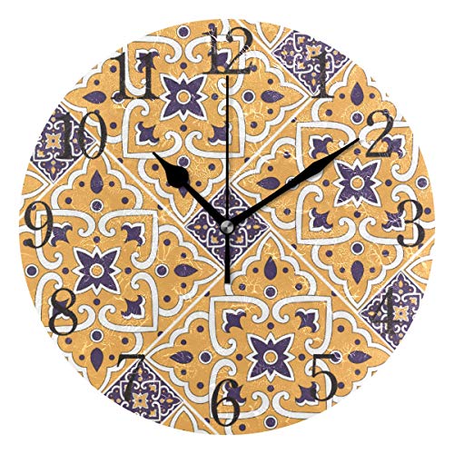 Mnsruu - Reloj de Pared Redondo con diseño de Azulejos Italianos y Flores, Pintura al óleo silenciosa para Dormitorio, Sala de Estar, Oficina, Escuela, decoración del hogar