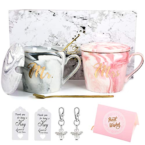 Mr and Mrs Tazas Café Parejas - Regalo Boda para Novios - Regalos para Despedidas de Soltera Compromiso Boda y Aniversario de Parejas Casadas - Vasos de Cerámica de Mármol 13 oz Llavero de Ángel