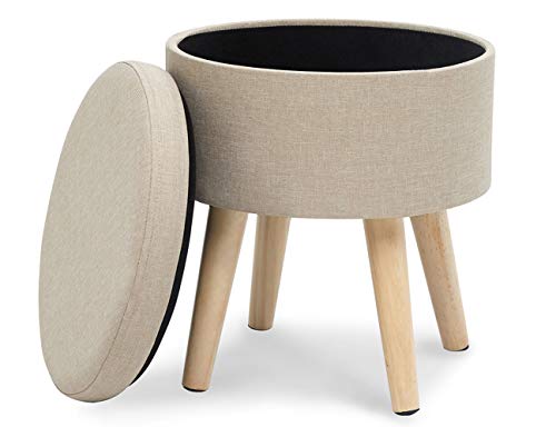 N A Taburete Redondo Puff Caja de Almacenamiento Asiento Extraíble Asiento de Lino con Tapa Patas Madera Maciza para Dormitorio Salón Pasillo (Beige)