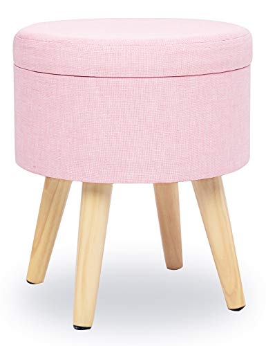 N A Taburete Redondo Puff Caja de Almacenamiento Asiento Extraíble Asiento de Lino con Tapa Patas Madera Maciza para Dormitorio Salón Pasillo (Rosa)