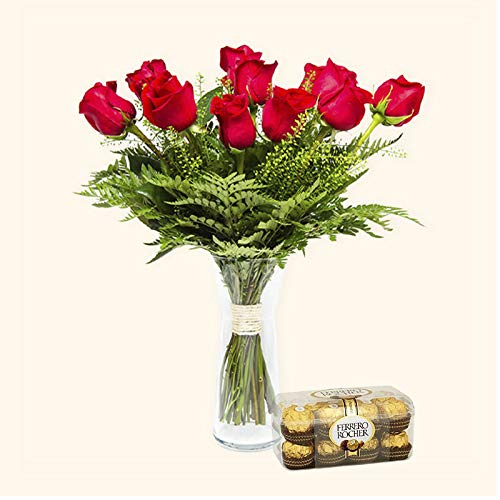Pack Ramo de 12 rosas + Caja de 16 Ferrero Rocher - París - Ramo de flores naturales y Ferrero Rocher a domicilio - Envío a domicilio 24h GRATIS - Tarjeta dedicatoria de regalo