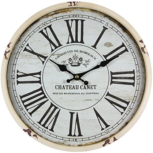 perla pd design Reloj de pared de metal con cristal de diseño vintage Chateau Canet lacado en blanco antiguo aprox. 30 cm de diámetro
