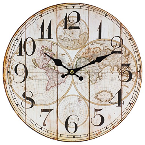 Perla pd Design - Reloj de pared para cocina de diseño vintage, 28 cm de diámetro, madera, mapamundi
