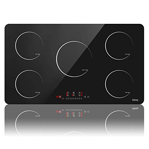 Placa de Inducción, Placa Vitrocerámica de Cocina Eléctrica Integrada, 4-5 Quemadores, Control Táctil, Temporizador, Cristal Negro (5 Zonas - 9300W - 90CM)