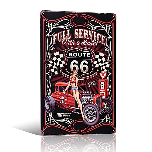 Placa de metal con sonrisa de la Ruta de servicio completo 66 Pin-up Girl con texto en inglés "Full Service Route 66"