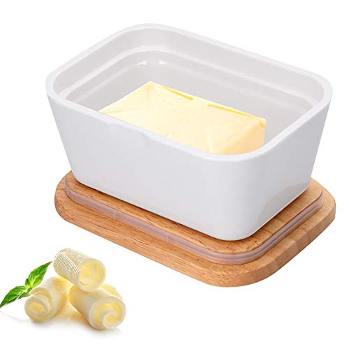 Plato de Mantequilla, Contenedor de Manteca de ImitacióN Porcelana con Tapa de Bambú,Contenedor de Manteca Para 250g de Almacenamiento,Se Puede Colocar en Refrigerador y Microondas