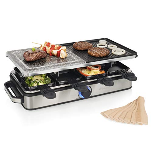 Princess 162635-Piedra y Parrilla Deluxe Raclette multifunción para 8 personas, 1400 W, Acero Inoxidable Cepillado